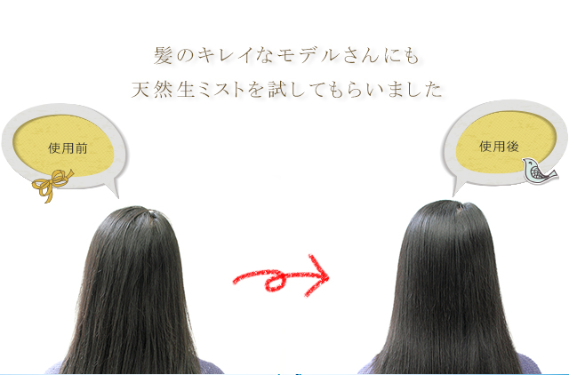 髪のきれいなモデルさんにも、天然生ミストを試してもらいました。